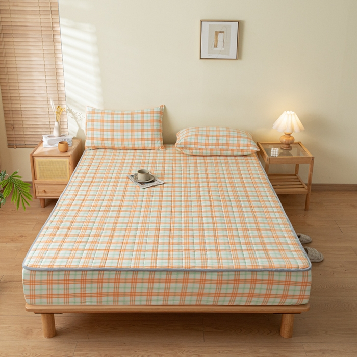 91家纺网 家纺一手货源 找家纺 ab家纺 2024新款色织全棉夹棉床笠 梵希-桔