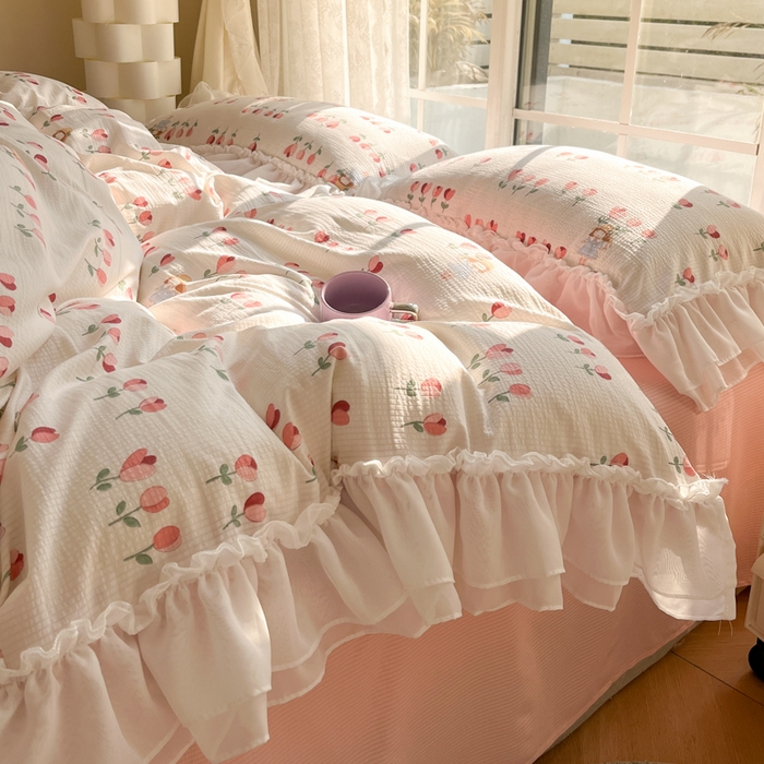 91家纺网 家纺一手货源 找家纺 慕澄 2024新款时尚印花泡泡棉花边四件套 伊梦