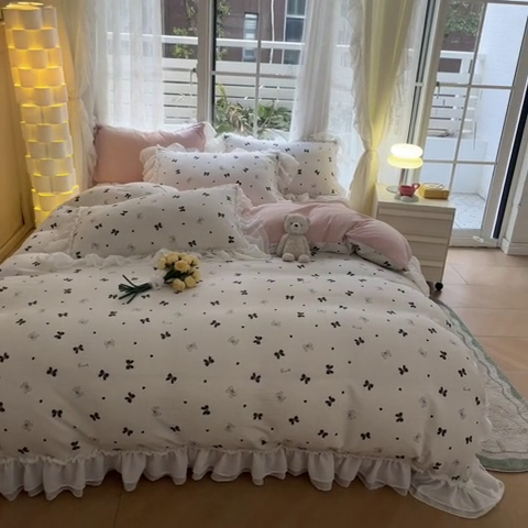 91家纺网 家纺一手货源 找家纺 慕澄 2024新款时尚印花泡泡棉花边四件套 蝴蝶结