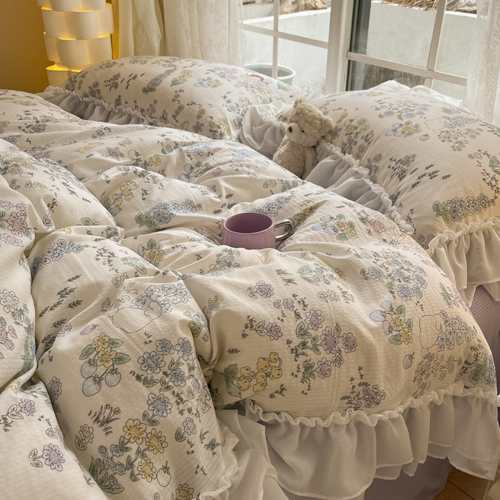 91家纺网 家纺一手货源 找家纺 慕澄 2024新款时尚印花泡泡棉花边四件套 甜小兔