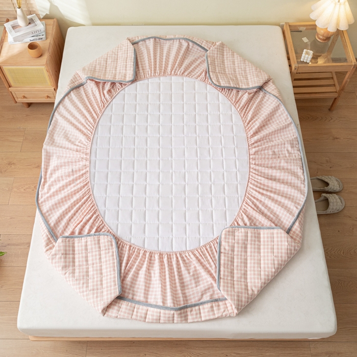 91家纺网 家纺一手货源 找家纺 ab家纺 2024新款色织全棉夹棉床笠 未央-粉