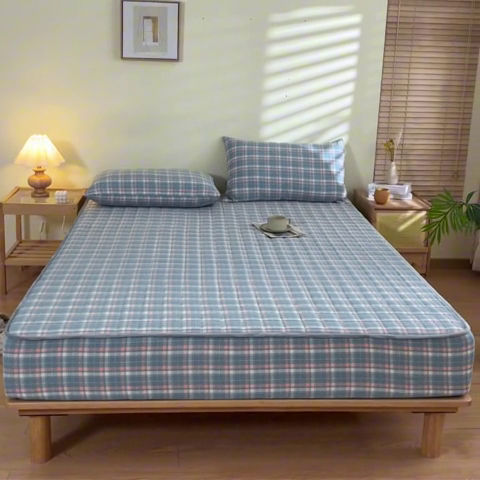 91家纺网 家纺一手货源 找家纺 ab家纺 2024新款色织全棉夹棉床笠 印象-蓝