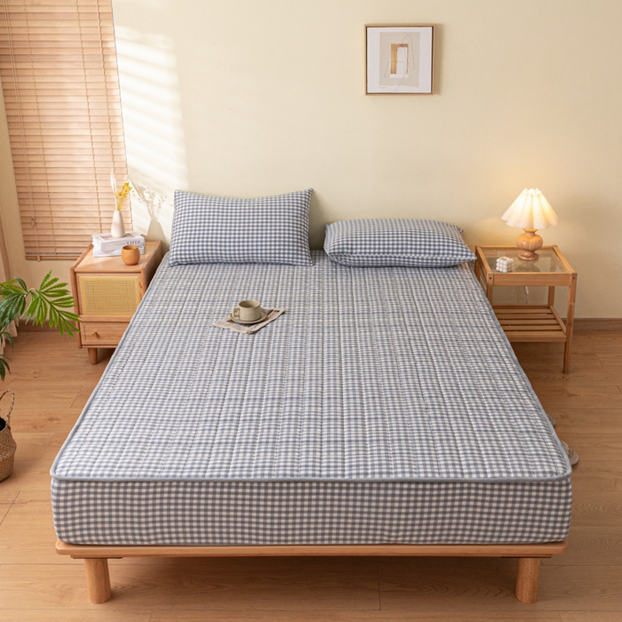 91家纺网 家纺一手货源 找家纺 ab家纺 2024新款色织全棉夹棉床笠 小格-蓝