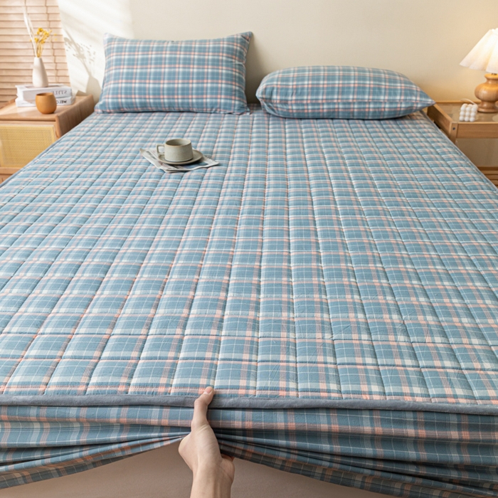 91家纺网 家纺一手货源 找家纺 ab家纺 2024新款色织全棉夹棉床笠 印象-蓝