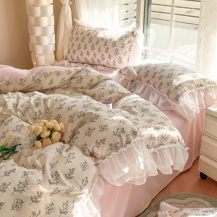 91家纺网 家纺一手货源 找家纺 慕澄 2024新款时尚印花泡泡棉花边四件套 叶苏