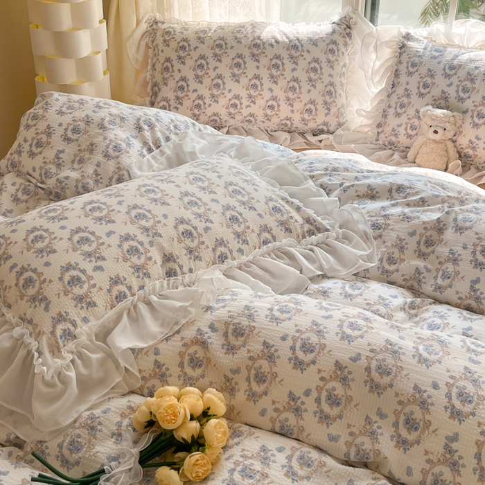 91家纺网 家纺一手货源 找家纺 慕澄 2024新款时尚印花泡泡棉花边四件套 如愿