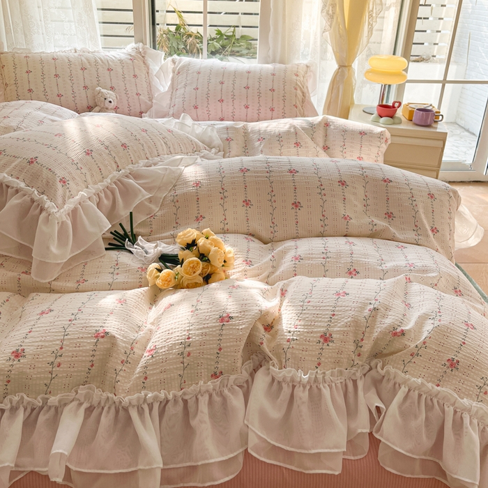 91家纺网 家纺一手货源 找家纺 慕澄 2024新款时尚印花泡泡棉花边四件套 沐歌