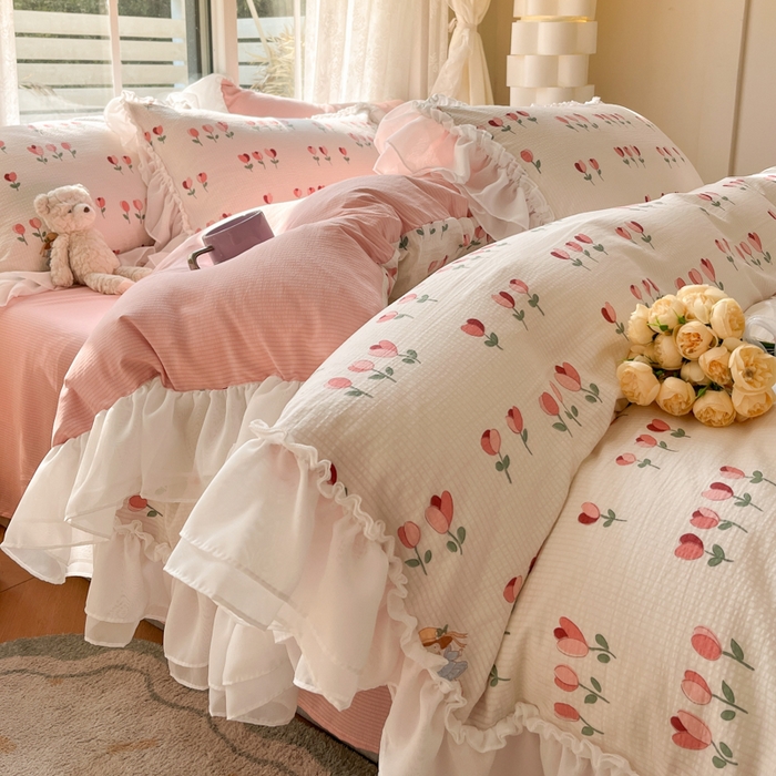 91家纺网 家纺一手货源 找家纺 慕澄 2024新款时尚印花泡泡棉花边四件套 伊梦