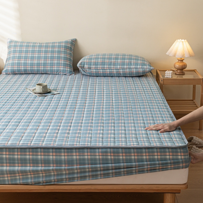 91家纺网 家纺一手货源 找家纺 ab家纺 2024新款色织全棉夹棉床笠 印象-蓝