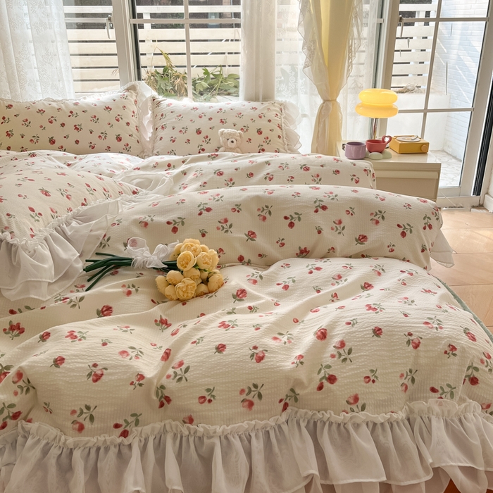 91家纺网 家纺一手货源 找家纺 慕澄 2024新款时尚印花泡泡棉花边四件套 安妮