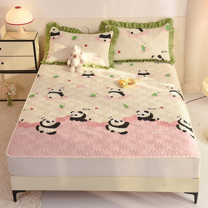 91家纺网 家纺一手货源 找家纺 美达家纺 2025新款A类全棉夹棉系列床垫床护垫  熊猫乐园-粉