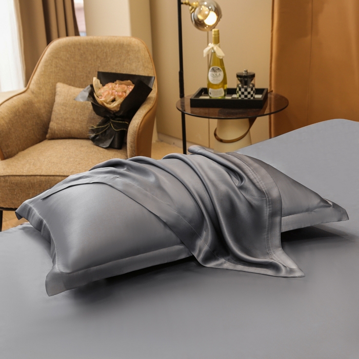 91家纺网 家纺一手货源 找家纺 凯森家纺 2024新款双面真丝宽边款枕头套枕芯套 双面金属灰