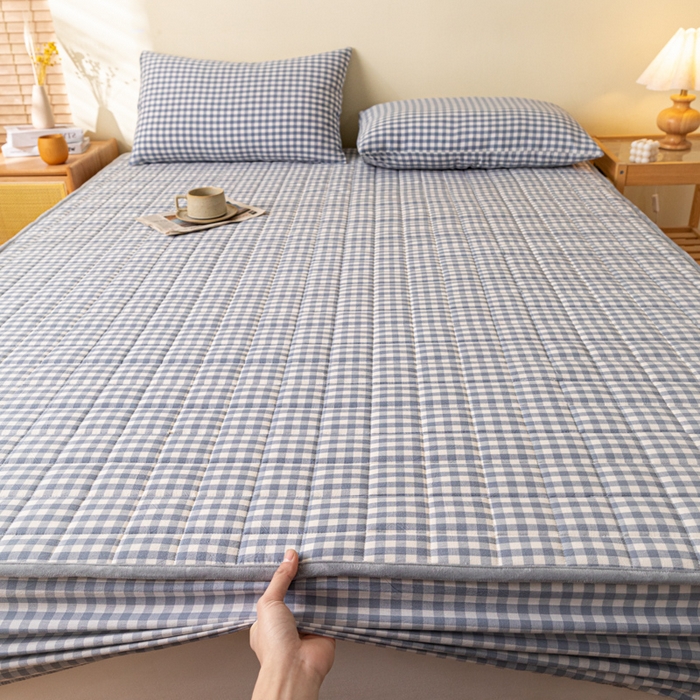 91家纺网 家纺一手货源 找家纺 ab家纺 2024新款色织全棉夹棉床笠 小格-蓝