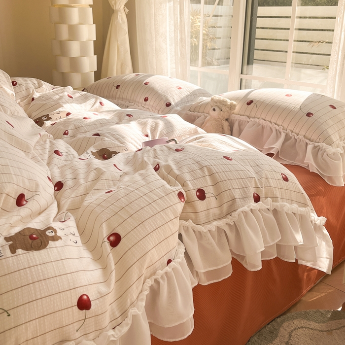 91家纺网 家纺一手货源 找家纺 慕澄 2024新款时尚印花泡泡棉花边四件套 车厘子