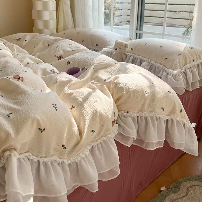 91家纺网 家纺一手货源 找家纺 慕澄 2024新款时尚印花泡泡棉花边四件套 小淘气