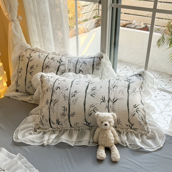 91家纺网 家纺一手货源 找家纺 慕澄 2024新款时尚印花泡泡棉花边四件套 竹影