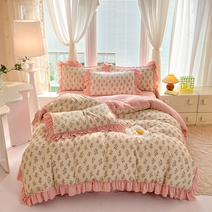 91家纺网 家纺一手货源 找家纺 慕梵家居 2024新款泡泡纱花边款四件套 花边款-叶苏
