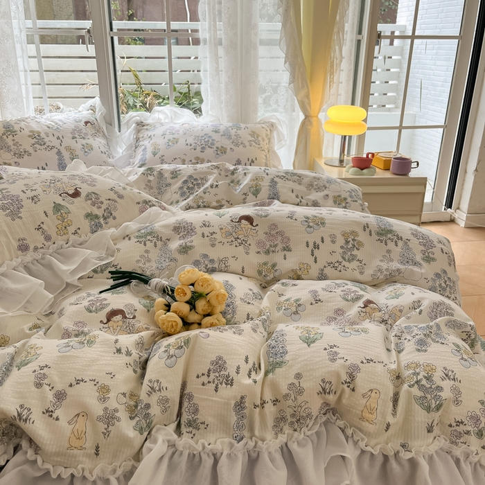 91家纺网 家纺一手货源 找家纺 慕澄 2024新款时尚印花泡泡棉花边四件套 甜小兔