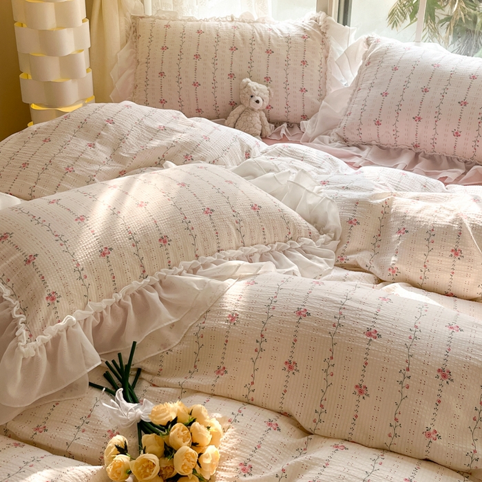 91家纺网 家纺一手货源 找家纺 慕澄 2024新款时尚印花泡泡棉花边四件套 沐歌