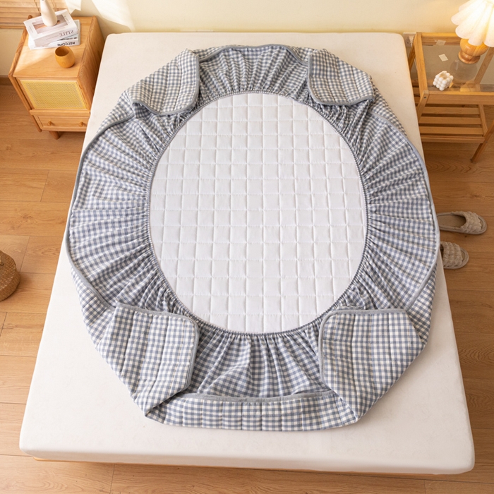 91家纺网 家纺一手货源 找家纺 ab家纺 2024新款色织全棉夹棉床笠 小格-蓝