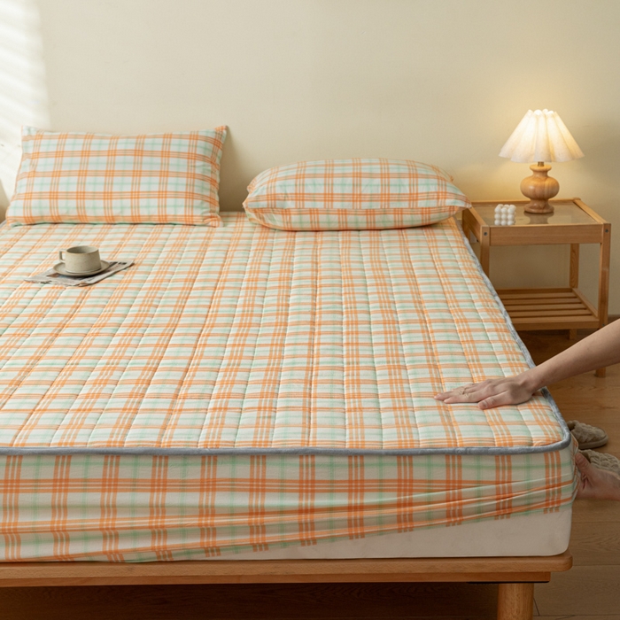 91家纺网 家纺一手货源 找家纺 ab家纺 2024新款色织全棉夹棉床笠 梵希-桔