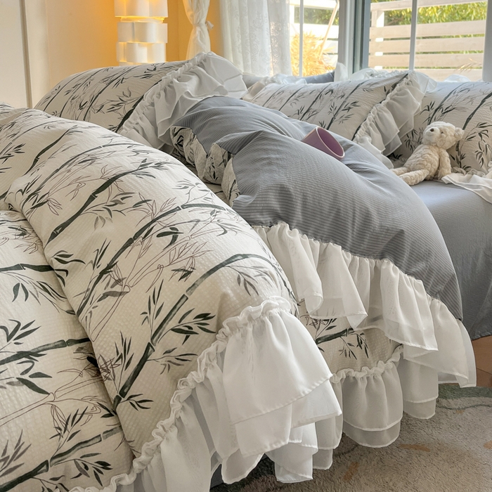 91家纺网 家纺一手货源 找家纺 慕澄 2024新款时尚印花泡泡棉花边四件套 竹影