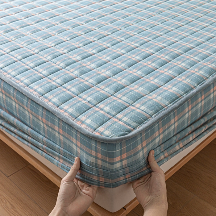 91家纺网 家纺一手货源 找家纺 ab家纺 2024新款色织全棉夹棉床笠 印象-蓝