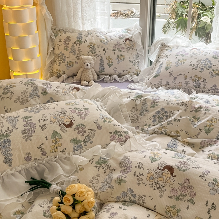 91家纺网 家纺一手货源 找家纺 慕澄 2024新款时尚印花泡泡棉花边四件套 甜小兔