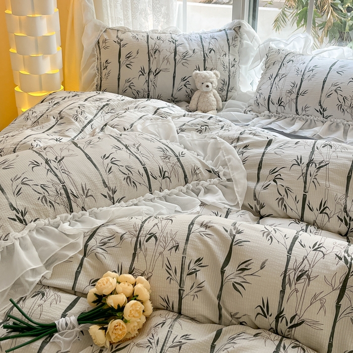 91家纺网 家纺一手货源 找家纺 慕澄 2024新款时尚印花泡泡棉花边四件套 竹影