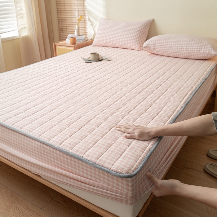 91家纺网 家纺一手货源 找家纺 ab家纺 2024新款色织全棉夹棉床笠 未央-粉