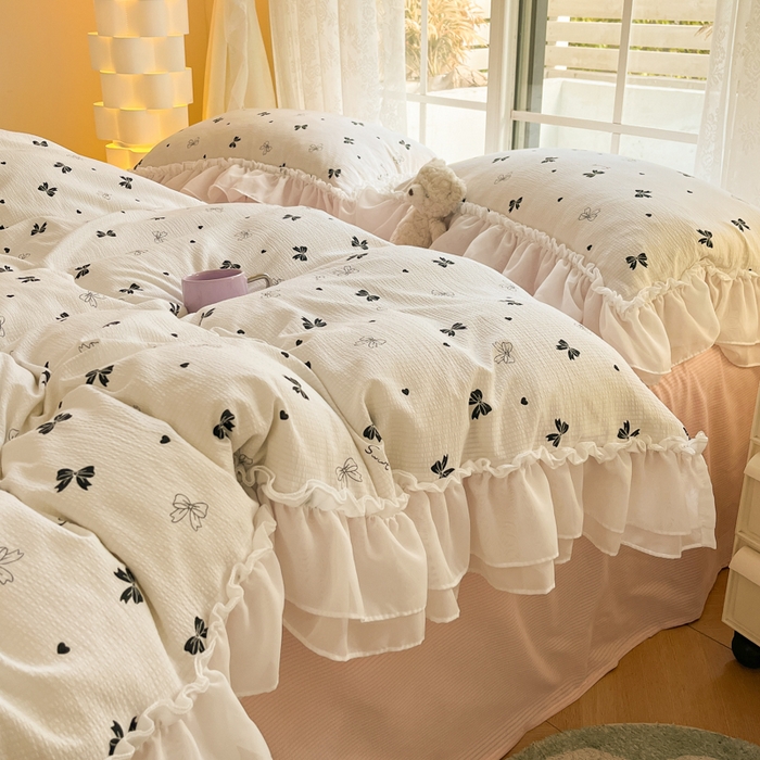 91家纺网 家纺一手货源 找家纺 慕澄 2024新款时尚印花泡泡棉花边四件套 蝴蝶结