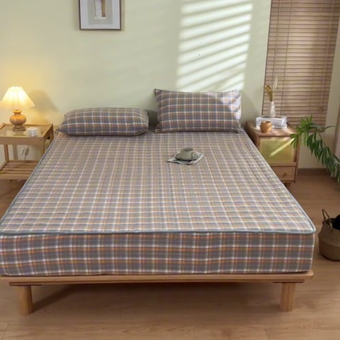 91家纺网 家纺一手货源 找家纺 ab家纺 2024新款色织全棉夹棉床笠 映像-灰