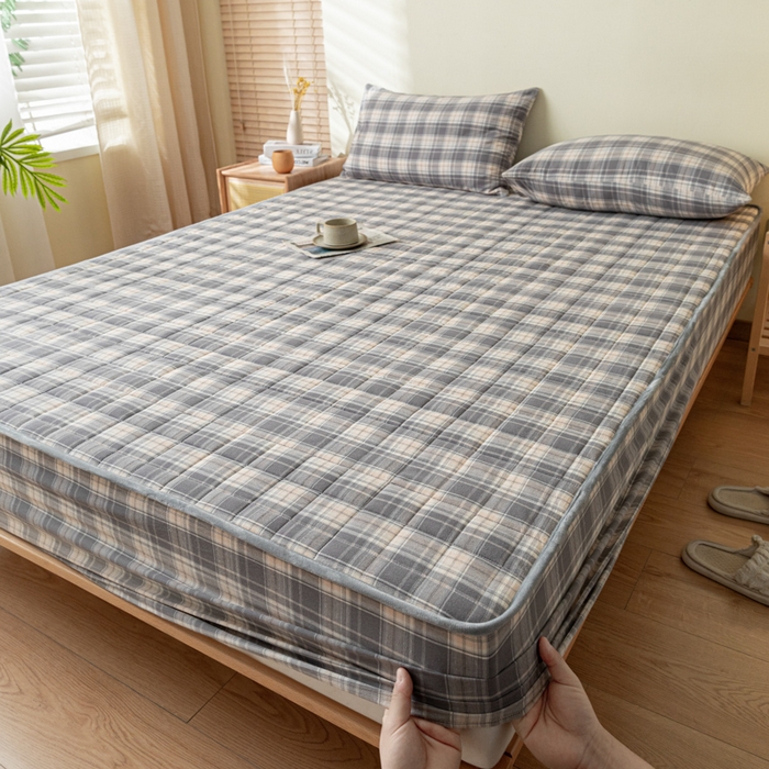 91家纺网 家纺一手货源 找家纺 ab家纺 2024新款色织全棉夹棉床笠 乔南-灰