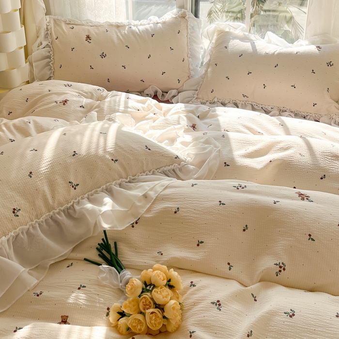 91家纺网 家纺一手货源 找家纺 慕澄 2024新款时尚印花泡泡棉花边四件套 小淘气