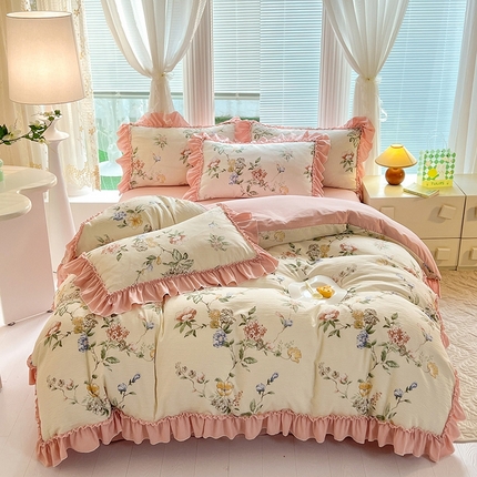 91家纺网 家纺一手货源 找家纺 慕梵家居 2024新款泡泡纱花边款四件套 花边款-俏佳人