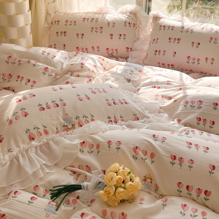 91家纺网 家纺一手货源 找家纺 慕澄 2024新款时尚印花泡泡棉花边四件套 伊梦