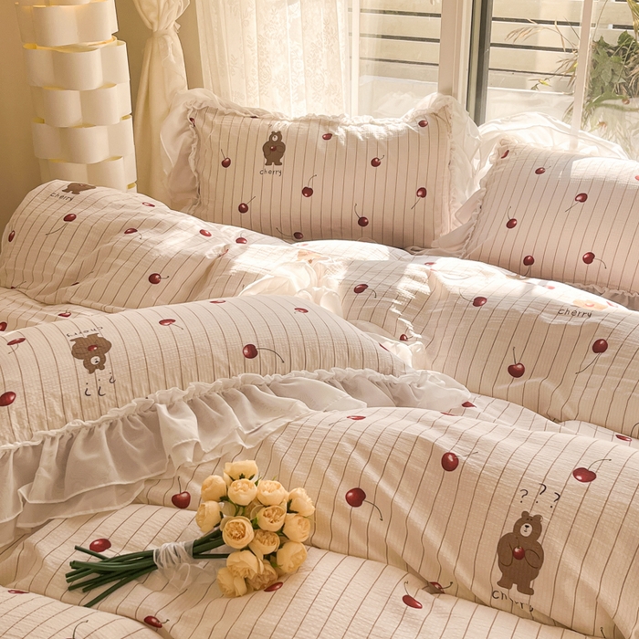 91家纺网 家纺一手货源 找家纺 慕澄 2024新款时尚印花泡泡棉花边四件套 车厘子