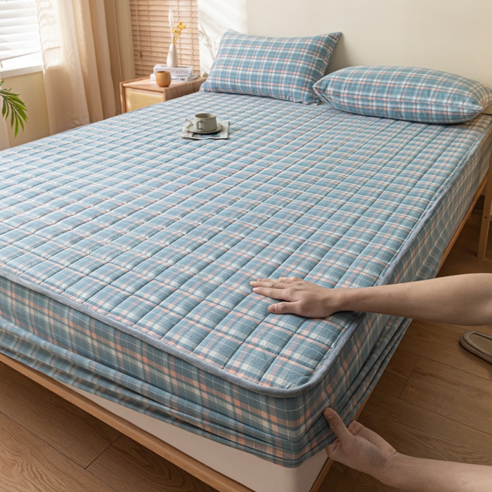 91家纺网 家纺一手货源 找家纺 ab家纺 2024新款色织全棉夹棉床笠 印象-蓝