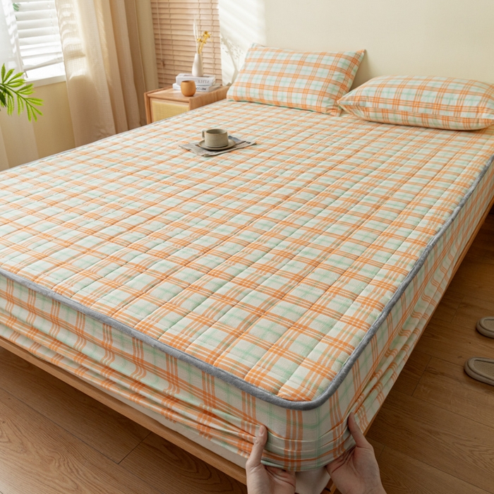 91家纺网 家纺一手货源 找家纺 ab家纺 2024新款色织全棉夹棉床笠 梵希-桔