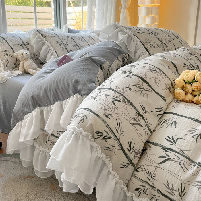 91家纺网 家纺一手货源 找家纺 慕澄 2024新款时尚印花泡泡棉花边四件套 竹影