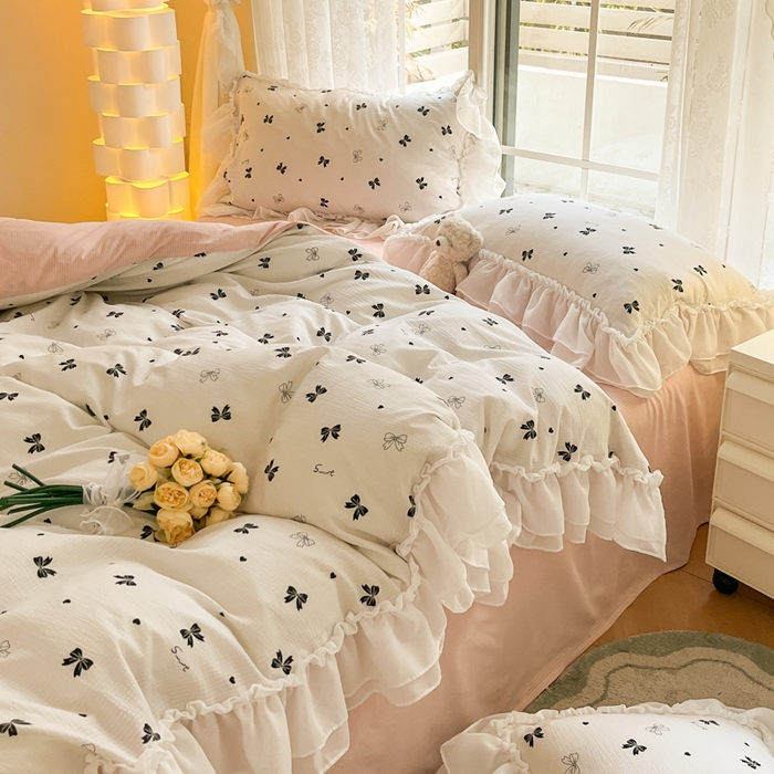 91家纺网 家纺一手货源 找家纺 慕澄 2024新款时尚印花泡泡棉花边四件套 蝴蝶结