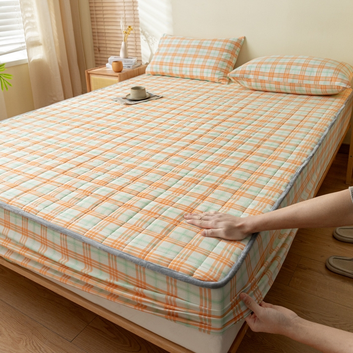 91家纺网 家纺一手货源 找家纺 ab家纺 2024新款色织全棉夹棉床笠 梵希-桔