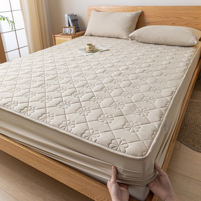 91家纺网 家纺一手货源 找家纺 ab家纺 2024新款40支全棉纯色夹棉床笠 奶咖