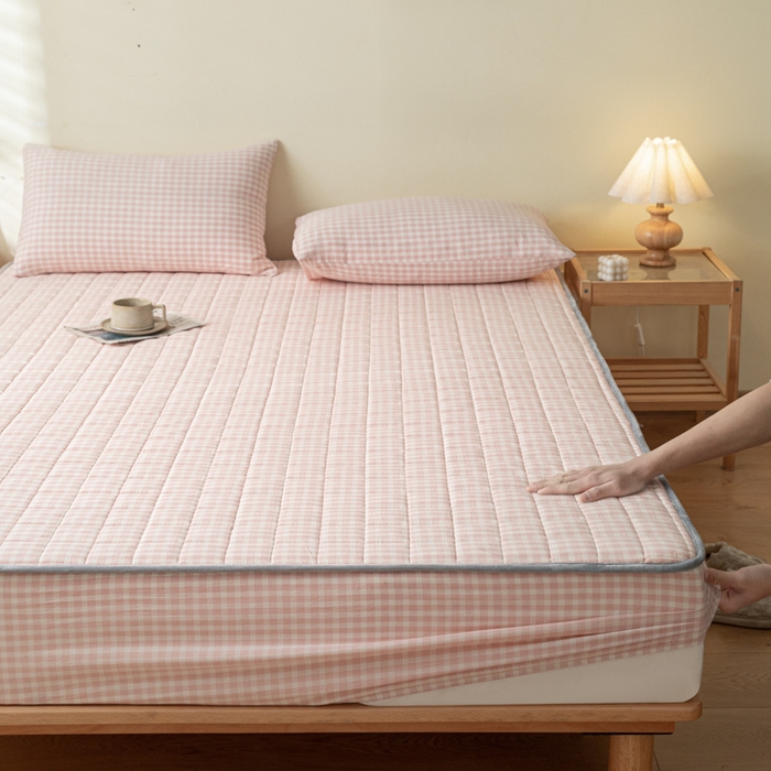 91家纺网 家纺一手货源 找家纺 ab家纺 2024新款色织全棉夹棉床笠 未央-粉