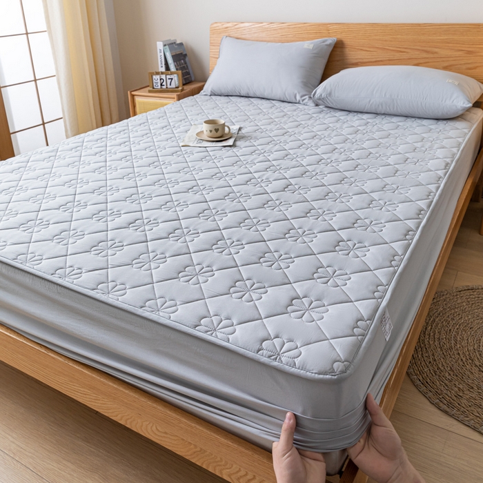 91家纺网 家纺一手货源 找家纺 ab家纺 2024新款40支全棉纯色夹棉床笠 浅灰