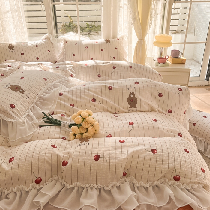 91家纺网 家纺一手货源 找家纺 慕澄 2024新款时尚印花泡泡棉花边四件套 车厘子