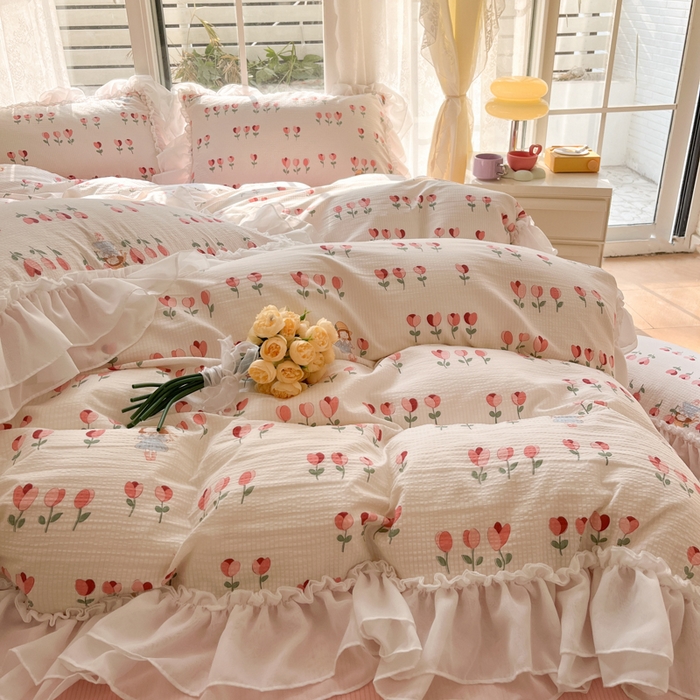 91家纺网 家纺一手货源 找家纺 慕澄 2024新款时尚印花泡泡棉花边四件套 伊梦