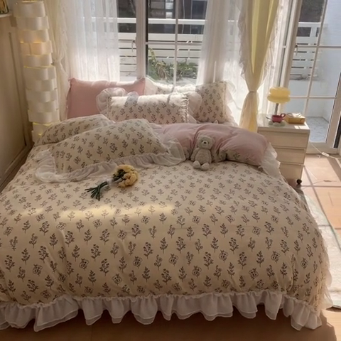 91家纺网 家纺一手货源 找家纺 慕澄 2024新款时尚印花泡泡棉花边四件套 叶苏