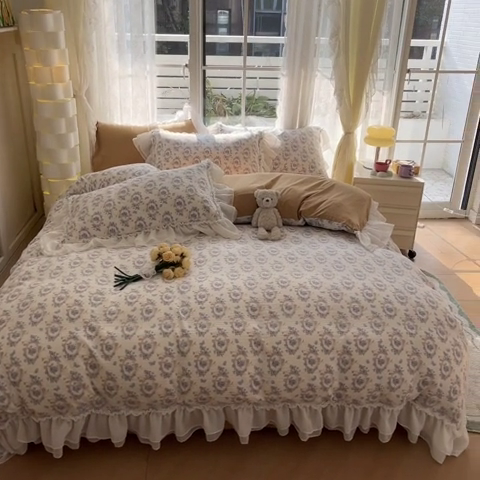 91家纺网 家纺一手货源 找家纺 慕澄 2024新款时尚印花泡泡棉花边四件套 如愿