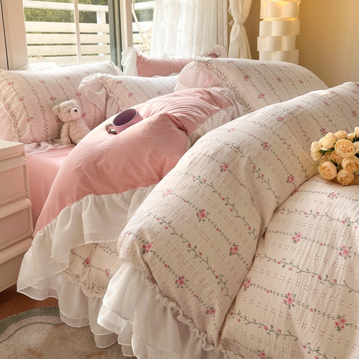 91家纺网 家纺一手货源 找家纺 慕澄 2024新款时尚印花泡泡棉花边四件套 沐歌